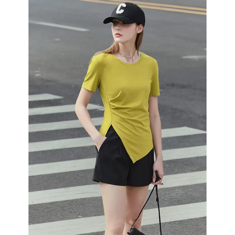 minimalist asymmetric o-neck short sleeve tee, view 4 - MRSLM