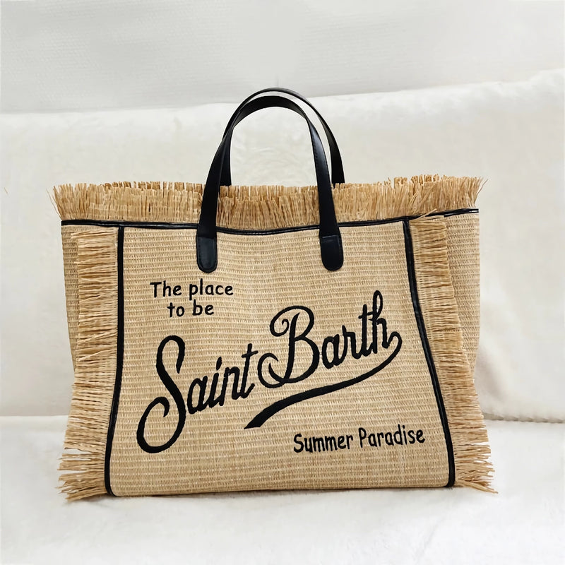 embroidered straw tote, view 4 - MRSLM