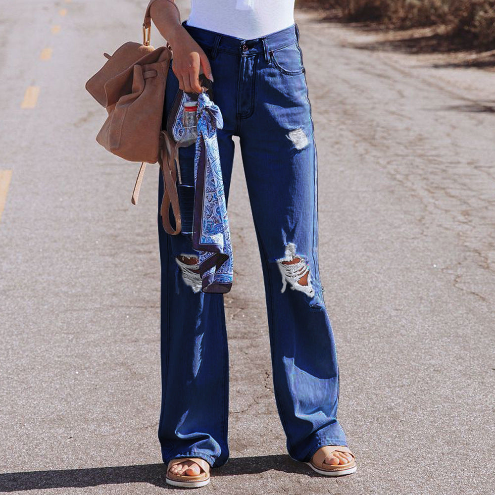 Water Washed Hole High Waist Temperament Wide-leg Jeans