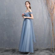 gray-blue off-shoulder banquet dress, view 9 - MRSLM