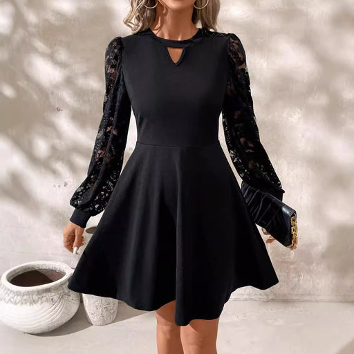 black lace stitching long sleeve dress - MRSLM