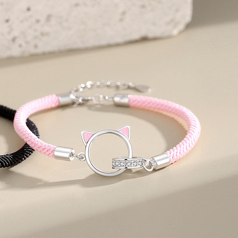 Hollow Out Cat Double Couple Bracelet With Silver Cartoon Minimalist Bracelet