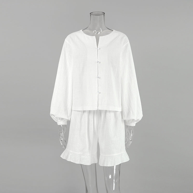 white cotton lantern sleeve top and shorts set, view 2 - MRSLM
