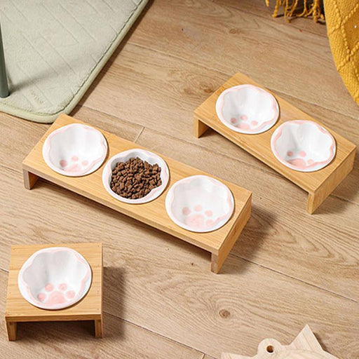 cartoon paw raised pet bowl with wooden stand - MRSLM