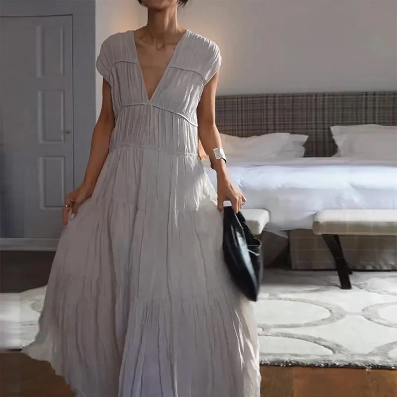 round neck pleated dress light gray, view 3 - MRSLM
