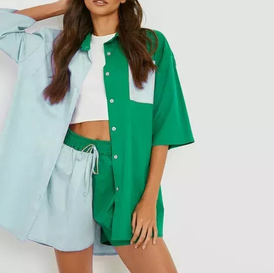 Summer Spliced Cotton Two-Piece Set: Oversized Shirt and Wide-Leg Shorts