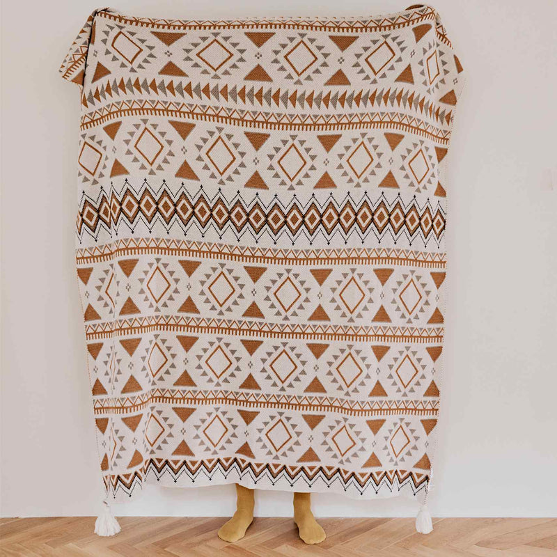 boho geometric cotton knitted blanket, view 2 - MRSLM