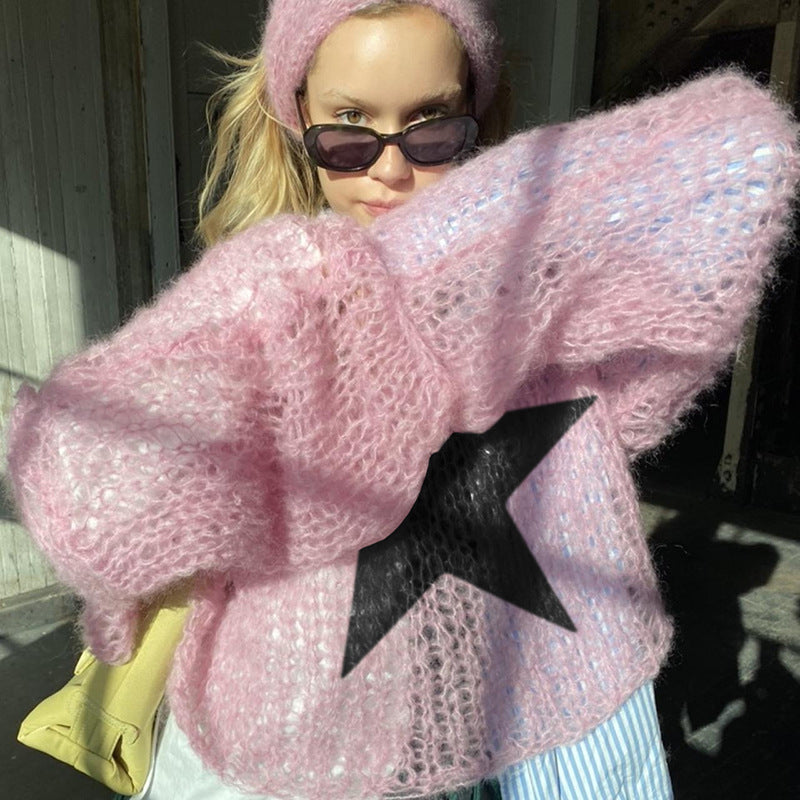 round neck star knit pullover sweater, view 2 - MRSLM