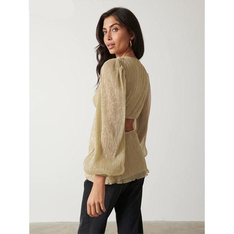 gold pleated V-neck blouse, view 4 - MRSLM