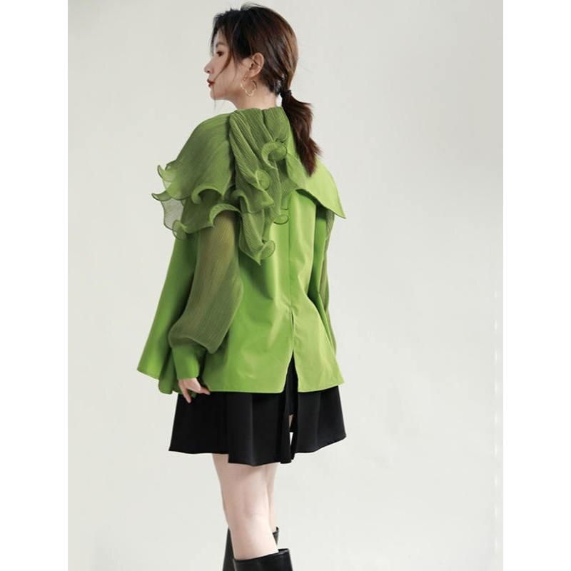 green pleated belted blouse, view 7 - MRSLM