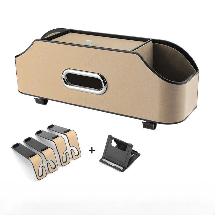 Leather Multi-Use Car Storage Box with Tissue Holder & Phone Stand