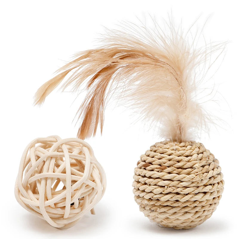 rattan ball and feather bell cat toy set, view 2 - MRSLM