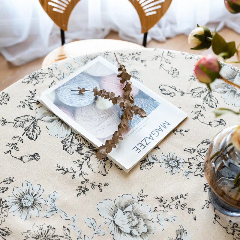 peony print linen-look tablecloth with tassels, view 9 - MRSLM