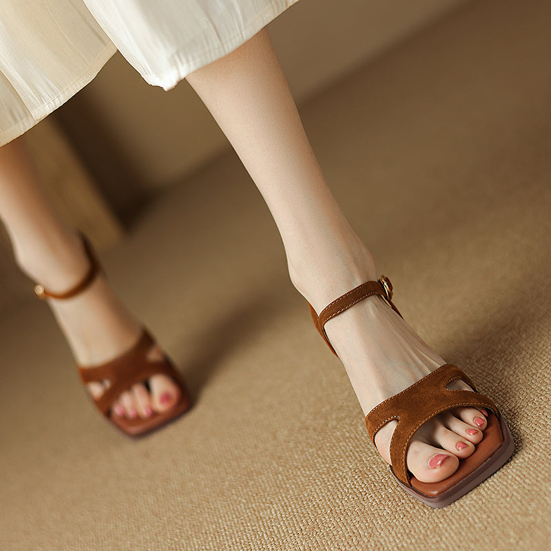 open toe leather sandals with chunky heel, view 7 - MRSLM