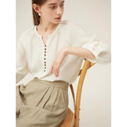 beige linen blend blouse, view 4 - MRSLM