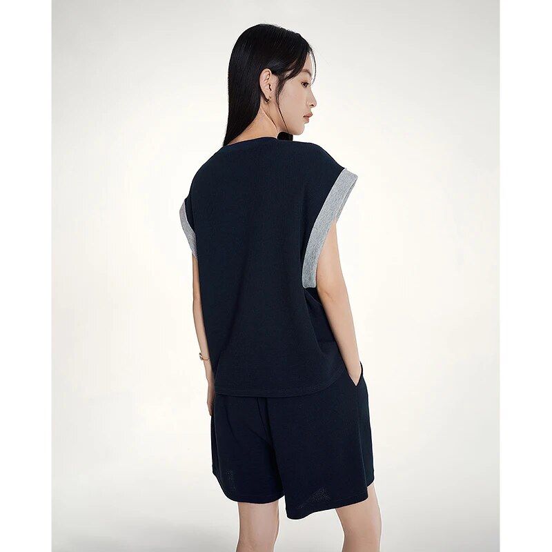 Sleeveless round neck navy top, view 5 - MRSLM