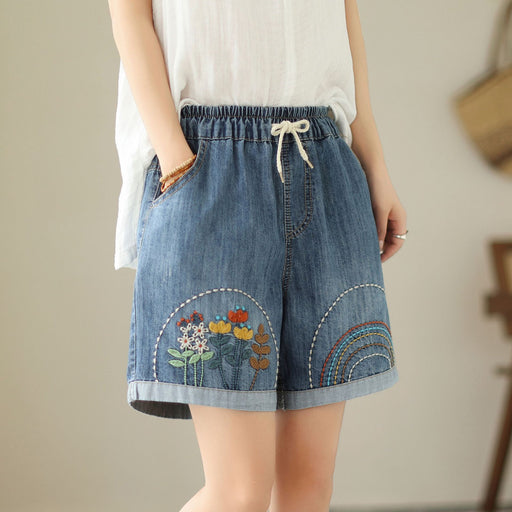 floral embroidered denim harem shorts, view 2 - MRSLM