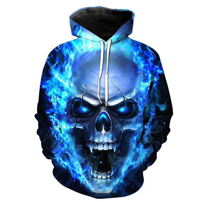Blue skull printed pullover hoodie, view 6 - MRSLM