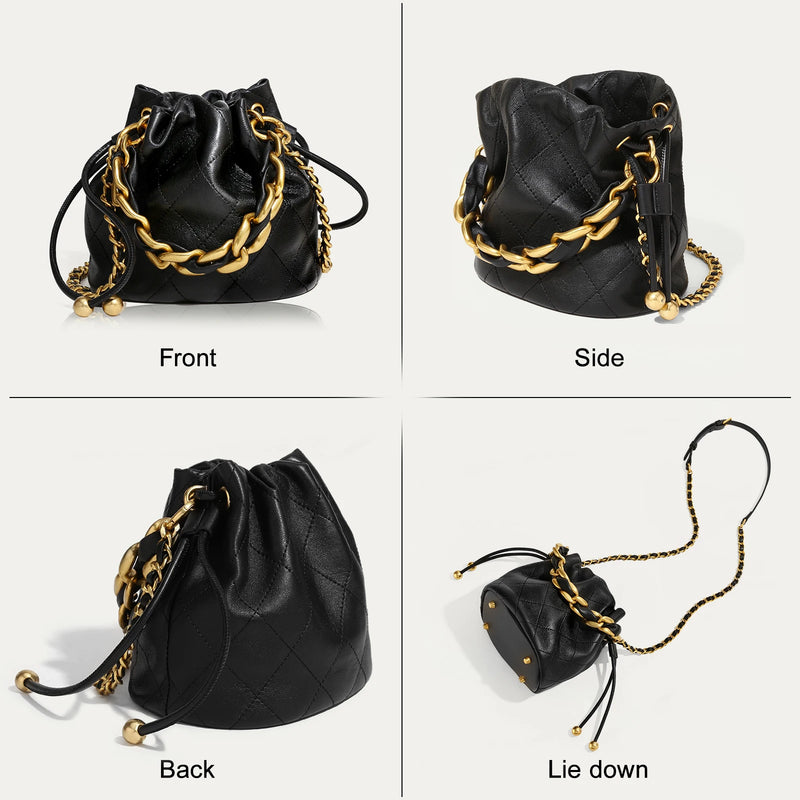 genuine leather quilted drawstring bucket bag, view 5 - MRSLM
