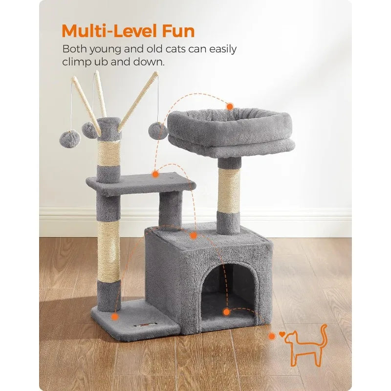 smoky gray cat tree with padded perch, view 4 - MRSLM