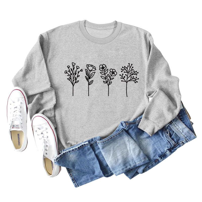 Four Flowers Printed Casual Long Sleeve Sweatshirt