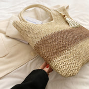 boho woven paper rope tote bag with tassels, view 8 - MRSLM