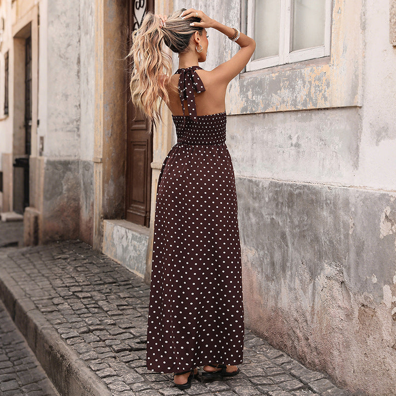 Retro Resort-Style Halterneck V-Neck Polka-Dot Dress