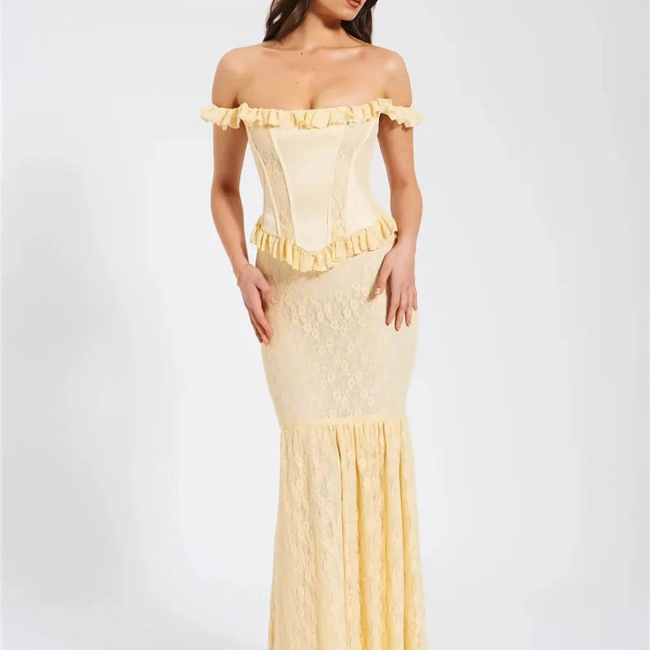 Yellow Satin Off-Shoulder Lace Corset Maxi Dress – Elegant Backless Bodycon Gown for Party