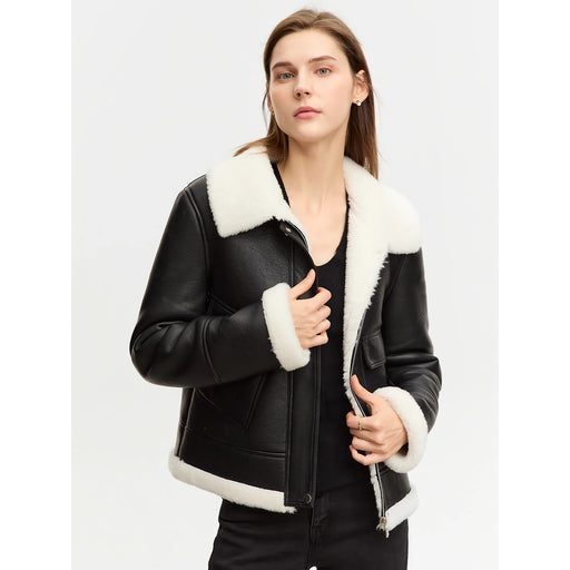 women's faux leather fur-lined jacket, view 2 - MRSLM