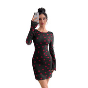 heart print flare sleeve backless mesh dress, view 5 - MRSLM