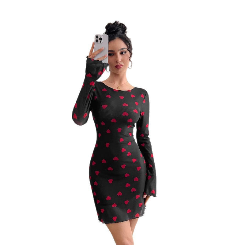 heart print flare sleeve backless mesh dress, view 5 - MRSLM