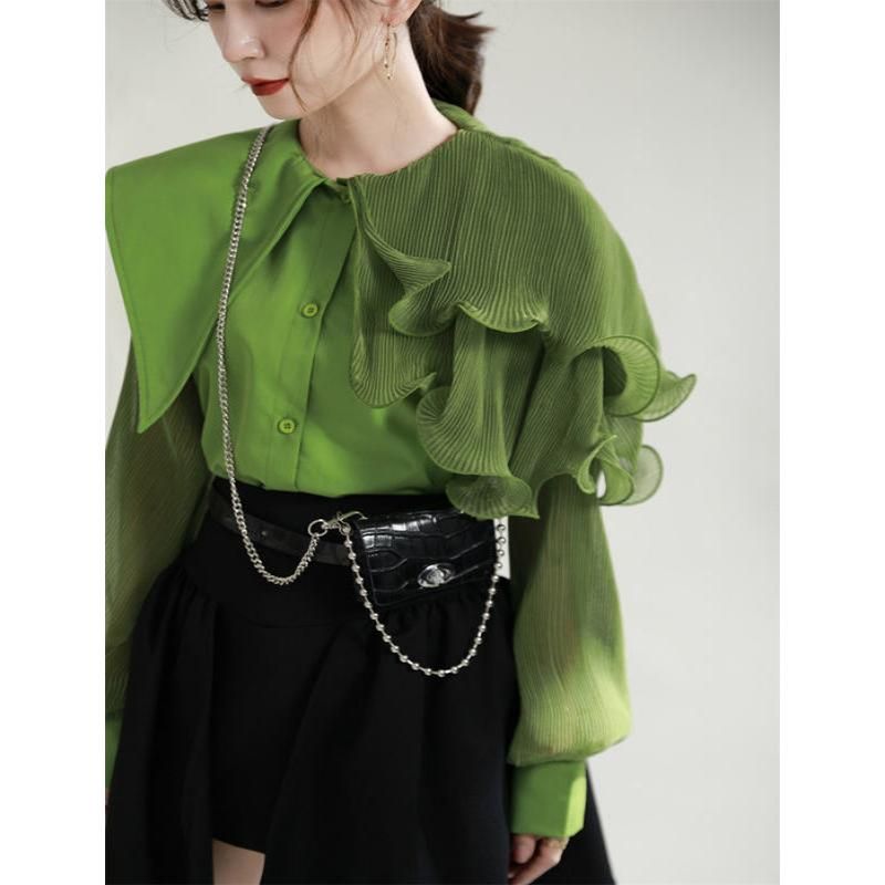 green pleated belted blouse, view 8 - MRSLM