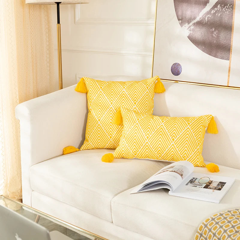 Yellow geometric embroidery cushion covers, view 7 - MRSLM