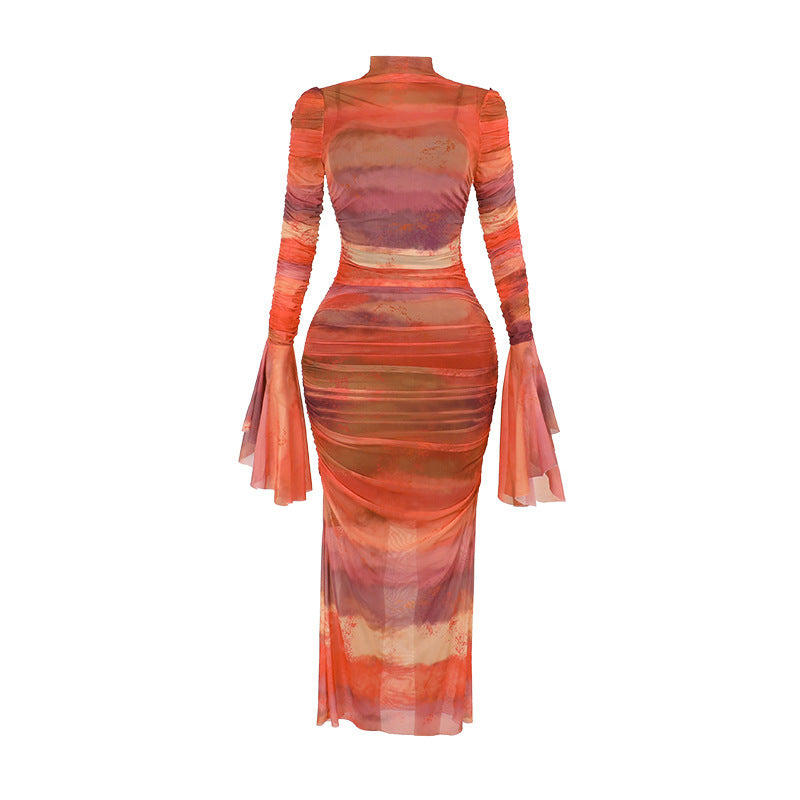 slim-fit pleated print dress women, view 5 - MRSLM
