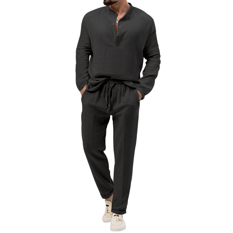 men's solid long-sleeve top and trousers set, view 7 - MRSLM