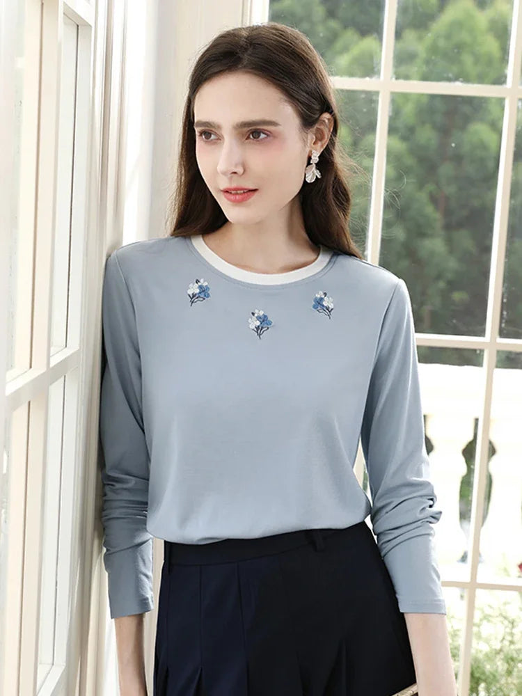 women's embroidered slim long sleeve t-shirt, view 3 - MRSLM