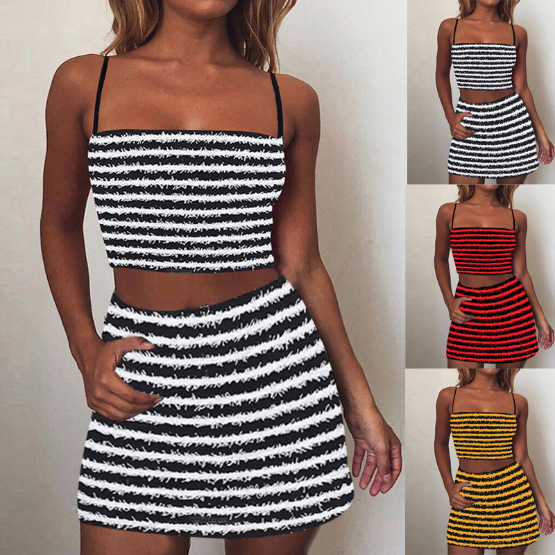 women's striped spaghetti strap two-piece set - MRSLM