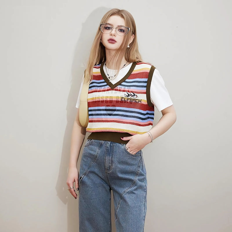 striped v-neck knitted vest, view 6 - MRSLM