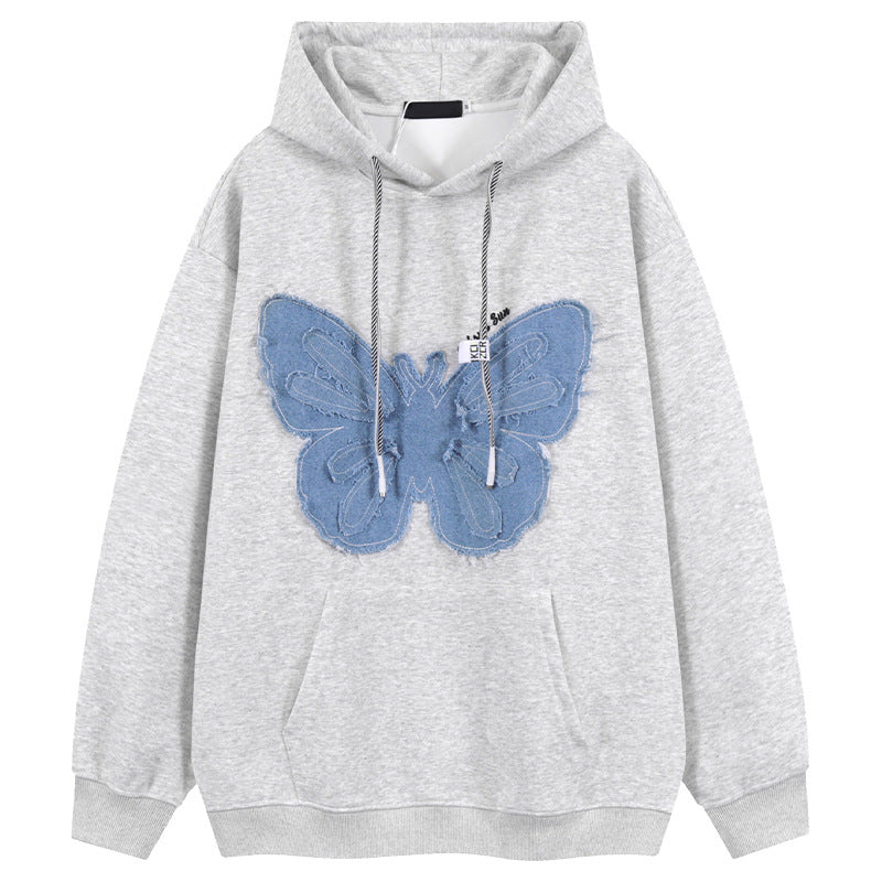 retro denim patch butterfly flower hoodie, view 2 - MRSLM
