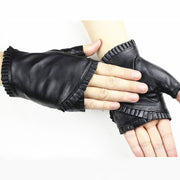 women's leather ruffled half finger gloves, view 3 - MRSLM
