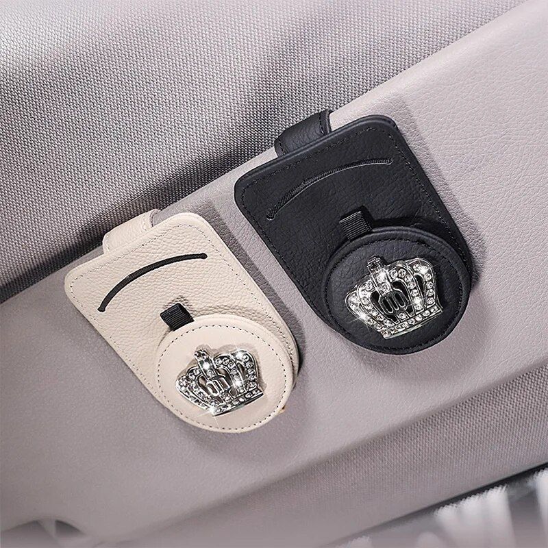 Luxury Leather Car Visor Sunglass and Card Holder with Diamond Crown