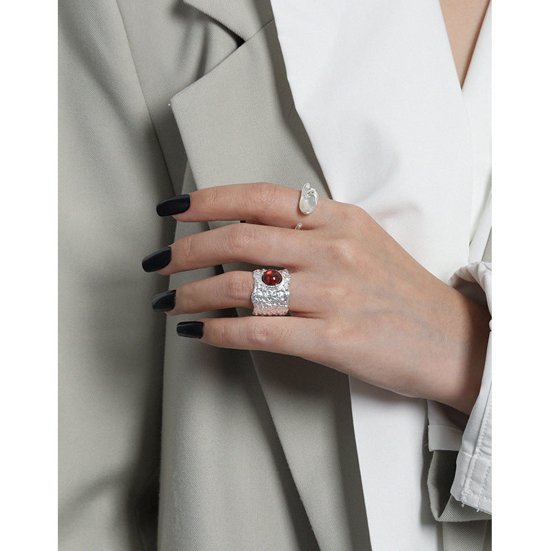 Red stone adjustable silver ring, view 9 - MRSLM