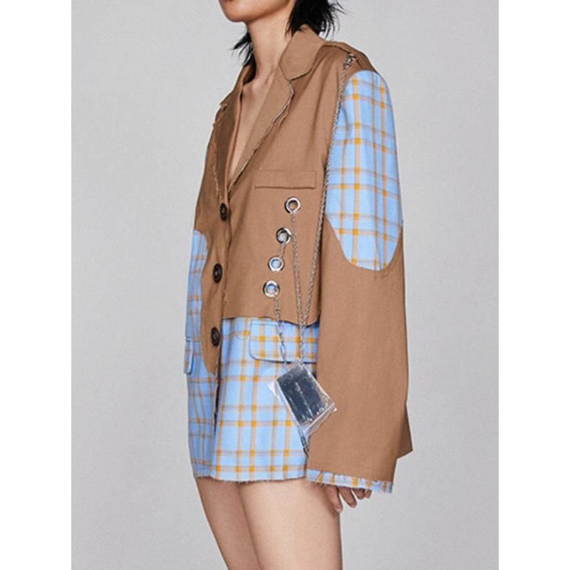 women's checkered blazer with chain accent, view 5 - MRSLM