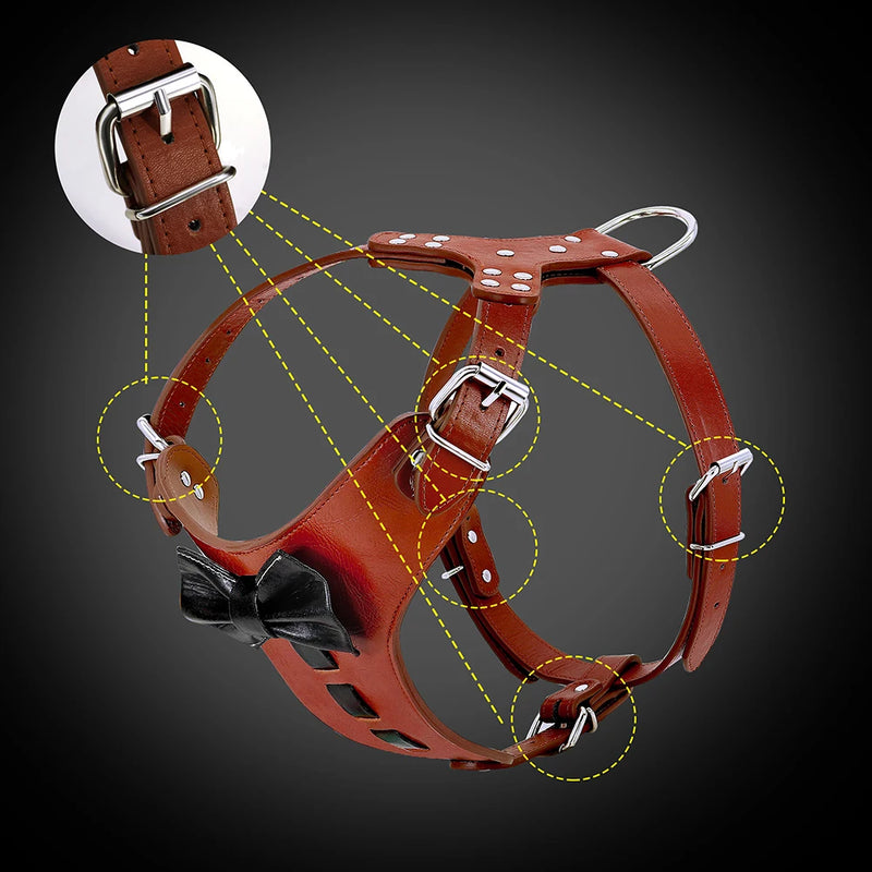 genuine leather dog harness with bowknot, view 4 - MRSLM