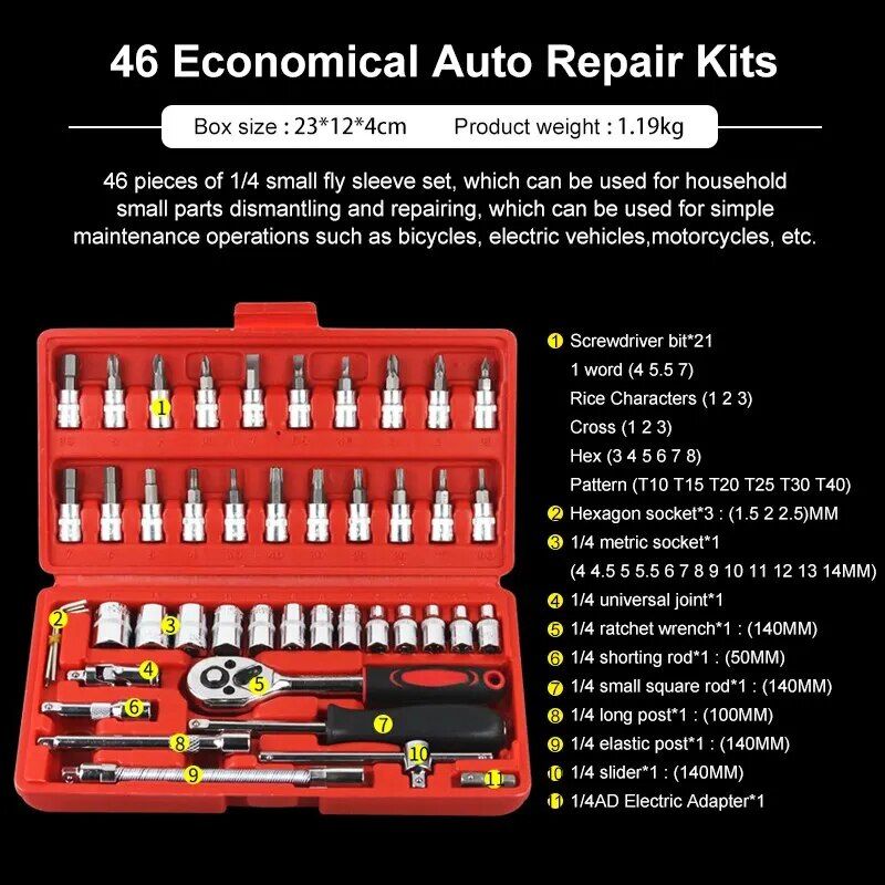 Complete 46-Piece 1/4" Socket Set with Ratchet & Wrench Combo – Professional Auto Mechanic Tool Kit