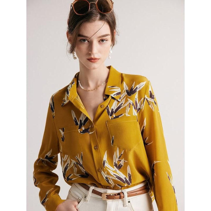 Luxury Mulberry Silk Printed Blouse with Pockets