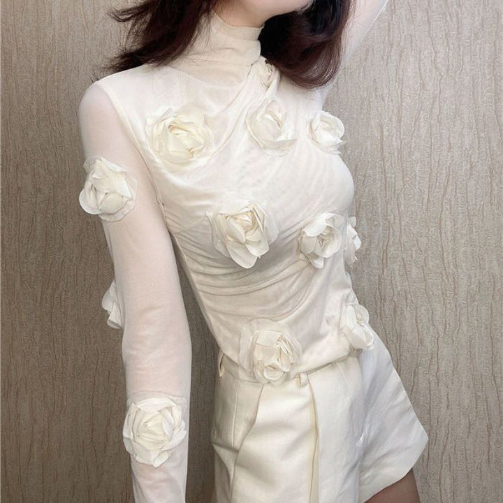 3D Design Flower Half High Collar Long Sleeve Shirt