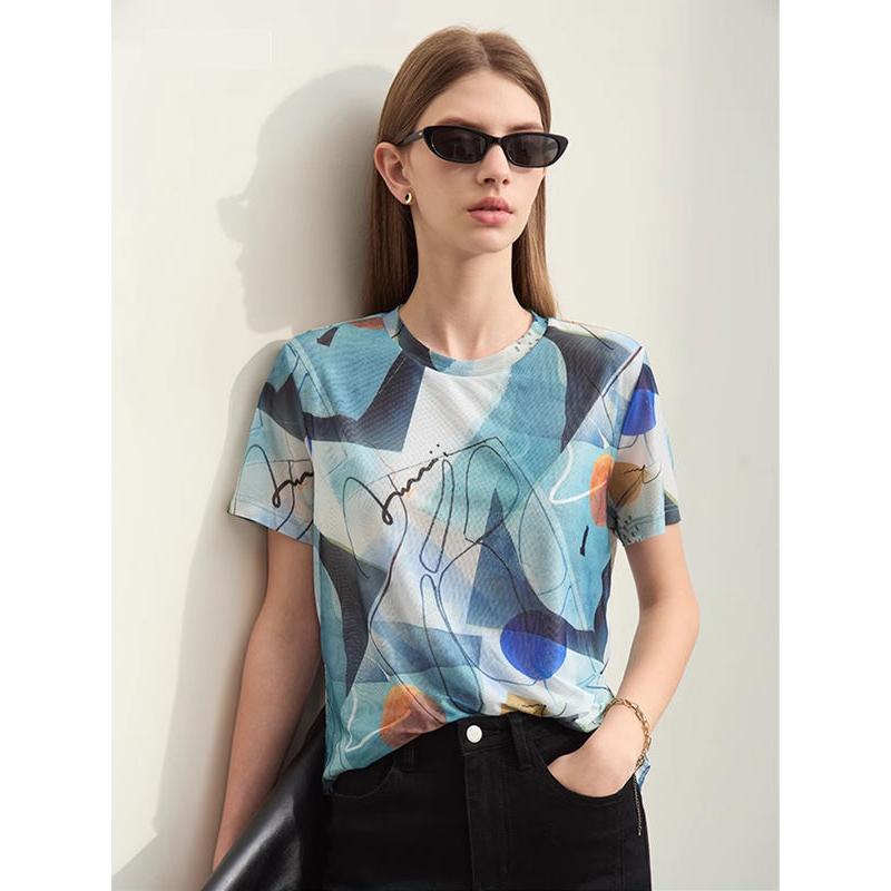 retro geometric mesh t-shirt, view 3 - MRSLM