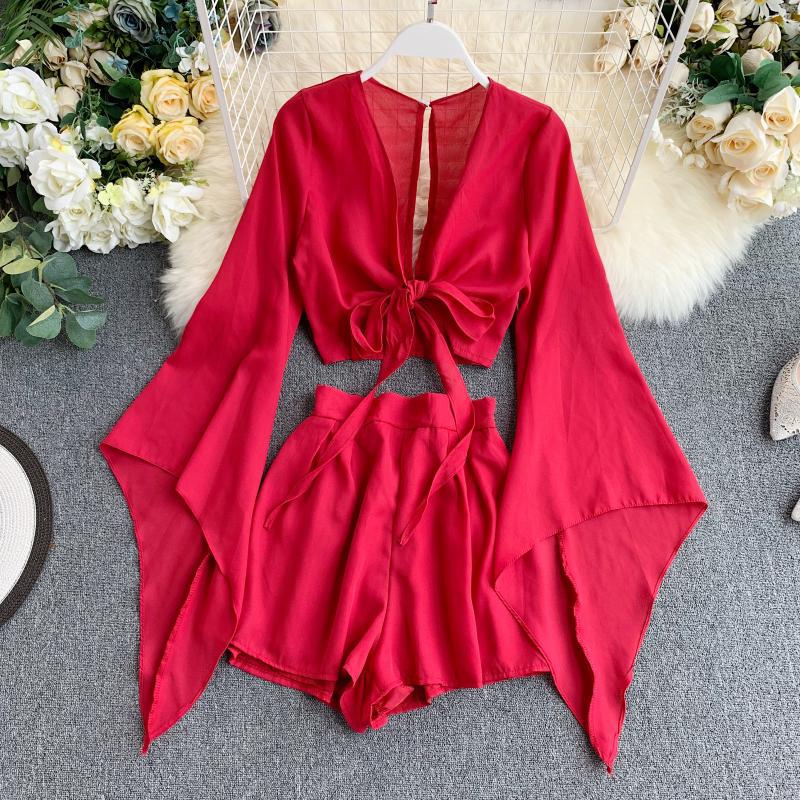 New Design Sense Bell Sleeve Chiffon Shirt High Waist Wide Leg Shorts Western Style Two-piece Suit