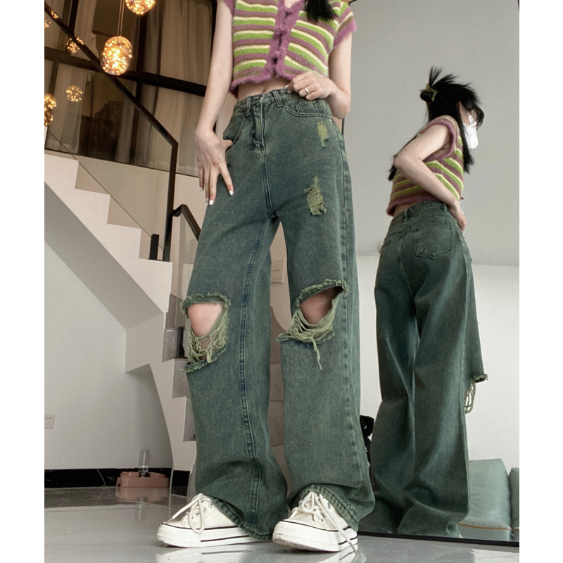 American Dark Green Torn Jeans With Wide Leg Pants For Women